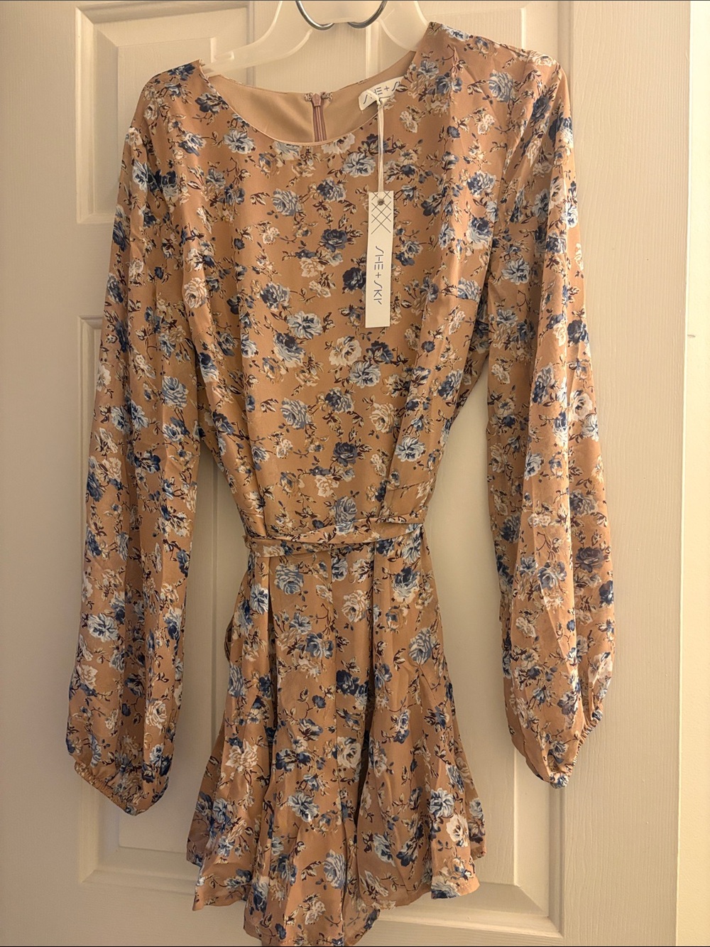 Floral Tie-Waist Long Sleeve romper Camel and Blue